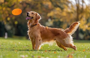 Happy golden retriever playing with frisbee outdoors in a vibrant park showcasing joyful activity and companionship ideal for pet related marketing animal welfare campaigns or lifestyle blogs