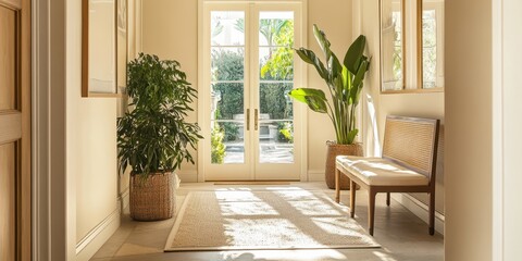 A hallway interior features plants a bench and glass doors