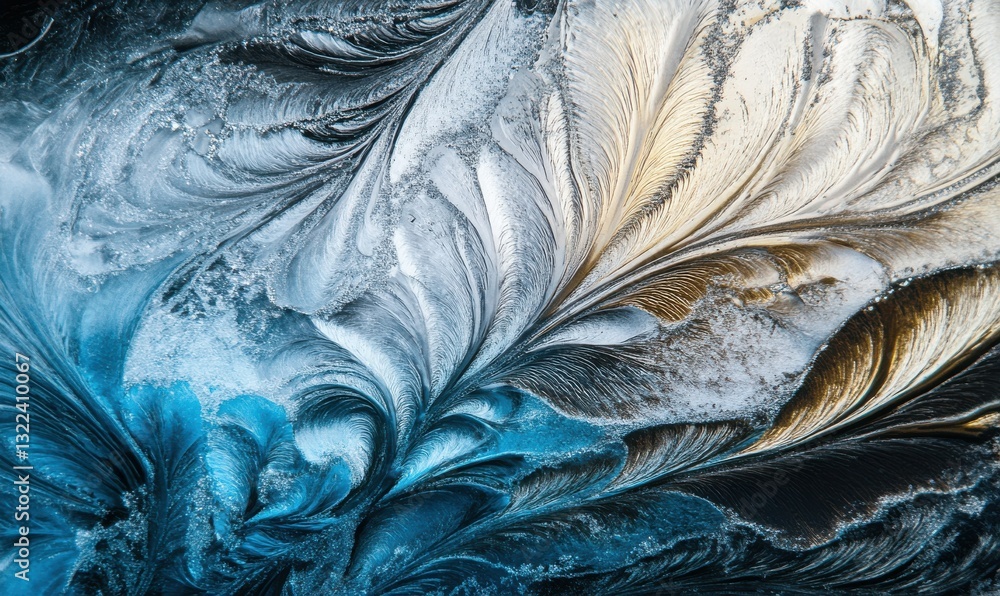 Poster dramatic macro view of intricate frost patterns glowing in cold blue and white light on a frozen gla