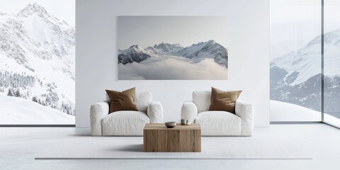 A minimalist interior featuring snowy mountains and modern furniture