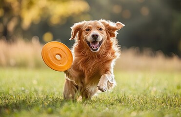 Joyful golden retriever energetically retrieving a bright frisbee in a sunny meadow showcasing the pure happiness of playful moments and ideal for pet related marketing campaigns