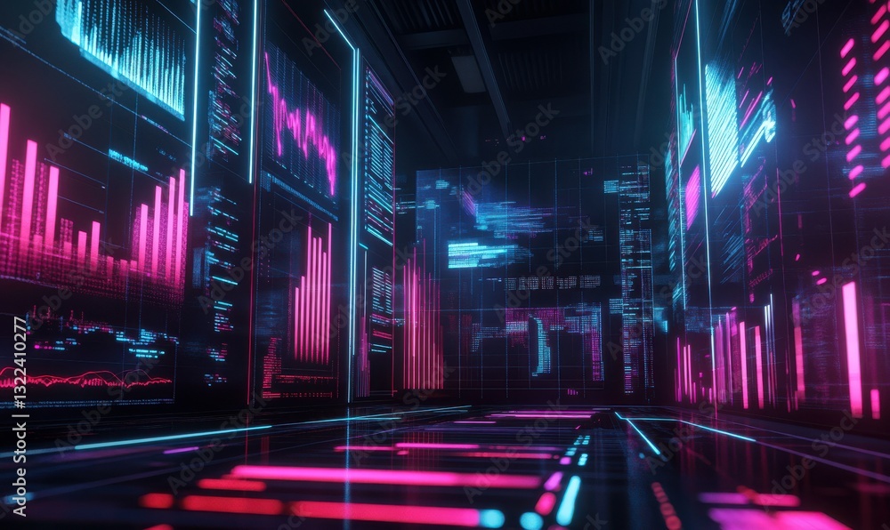Poster dynamic data visualization with glowing bars and lines in shades of red, blue, and purple, symbolizi