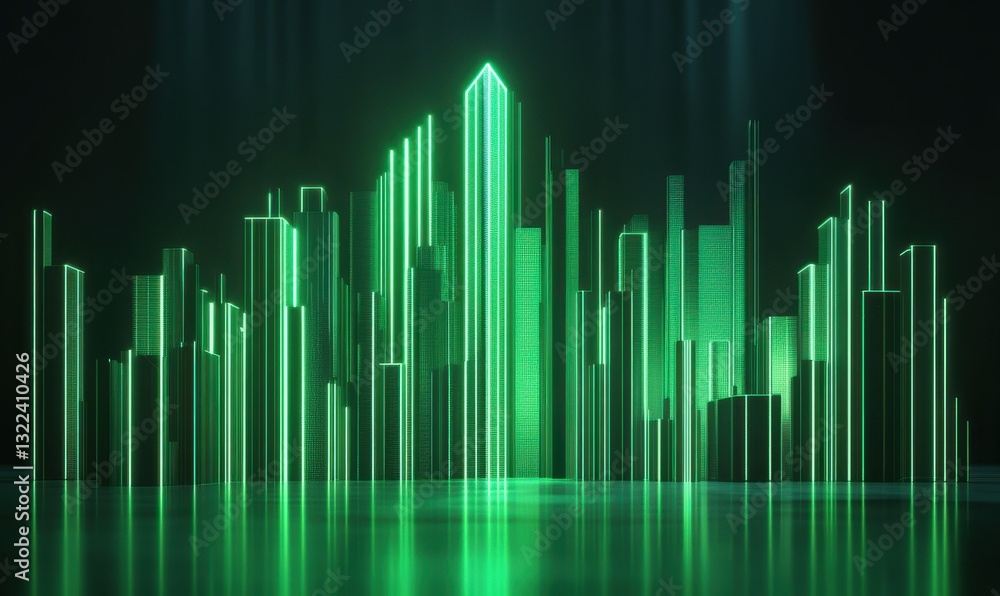 Poster dynamic glowing green financial graph illuminated by vibrant lighting forming a bold data analytics 