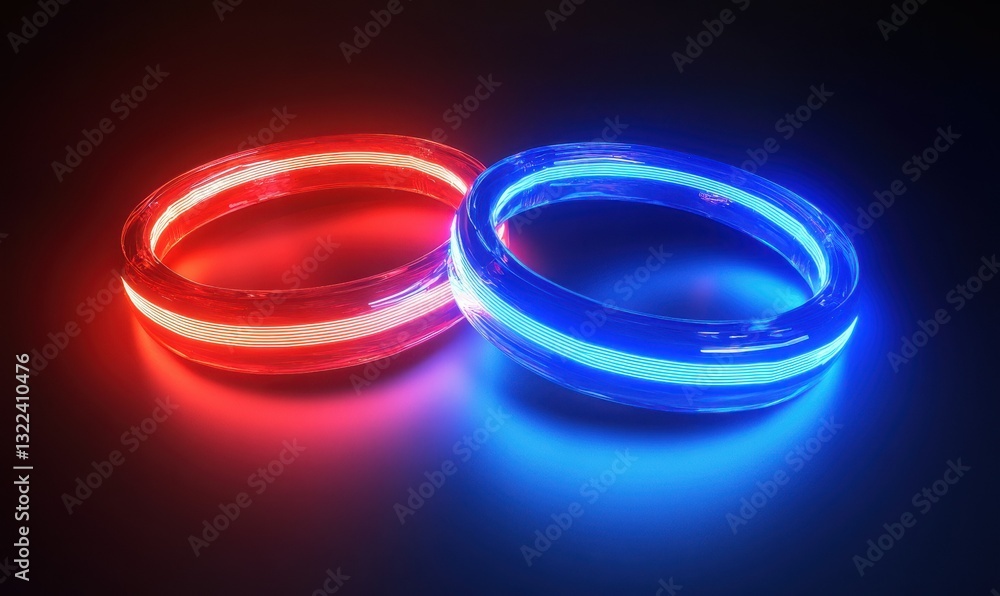 Poster dynamic glowing red and blue digital rings illuminated by gradient lighting symbolizing futuristic d