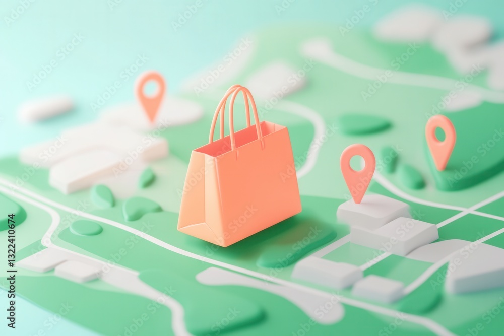Aufkleber elegant illustration of a delivery route map featuring a grocery bag icon and location pins in a cle