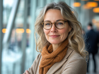 Successful Female CEO Smiling in Modern Skyscraper Office