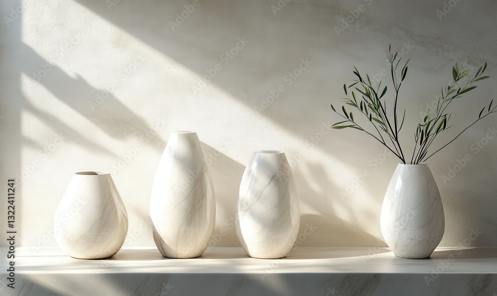 Poster elegant marble vases in neutral tones displayed on a modern shelf illuminated by diffused light crea