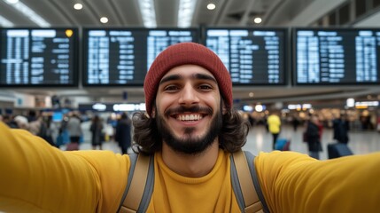 Airport Selfie: A cheerful young man with a beanie and backpack smiles for a selfie in a bustling airport terminal, flight information boards in the background. 