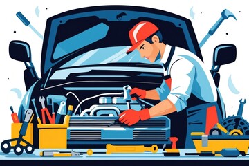 Fototapeta premium Mechanic working on car engine in workshop setup