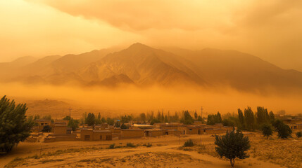 Naklejka premium A dramatic sandstorm sweeps across the Himalayan foothills, partially obscuring the towering mountains in the background