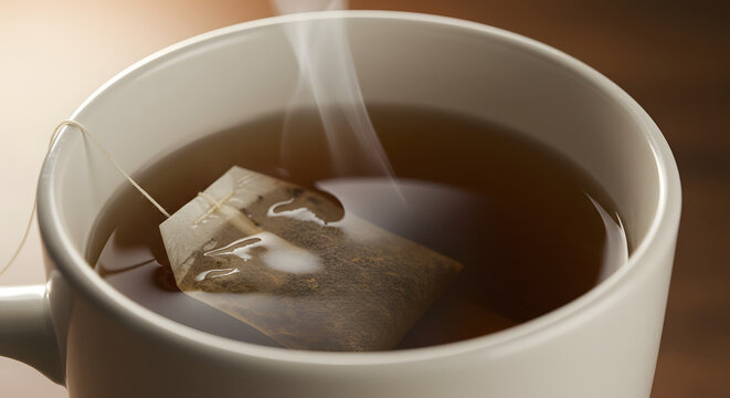 Taza de t&eacute; caliente con bolsa de infusi&oacute;n, concepto de relajaci&oacute;n y bienestar.