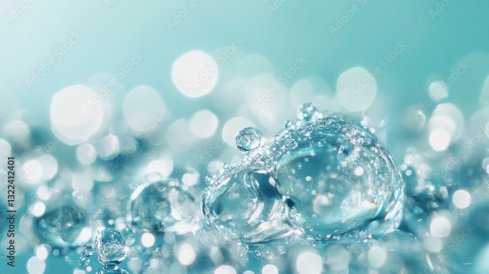 Poster close-up of water droplets on a turquoise background with bokeh effect.