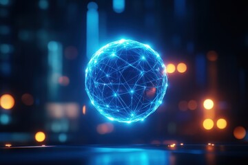 Obraz premium A glowing blue sphere with interconnected lines, set against a blurred city background, representing technology and connectivity.