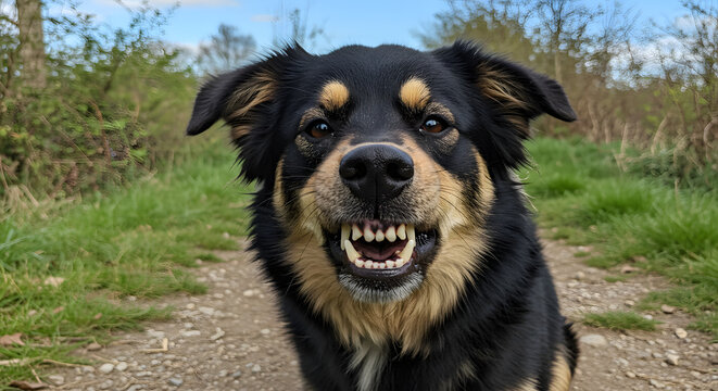 Un chien en col&egrave;re montre les dents dans la rue. Danger. Il veut mordre.