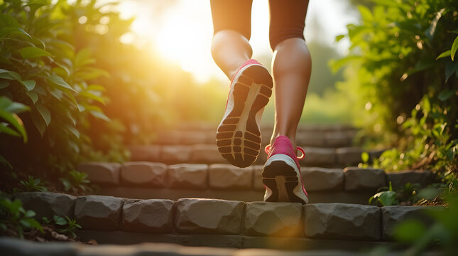 Close-Up of Runner's Legs in Blue Sneakers Climbing Outdoor Stone Stairs in Lush Green Forest During Golden Hour Sunset