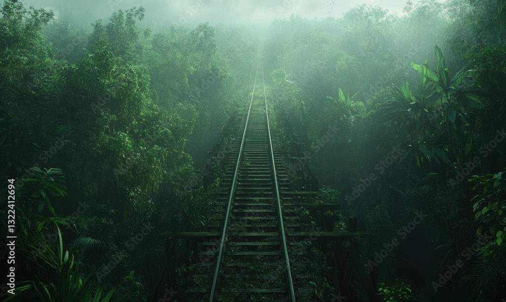 Poster serene railway track disappearing into a dense, foggy forest, surrounded by lush greenery and illumi