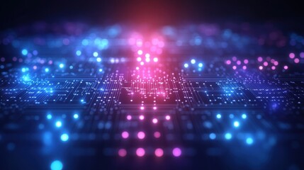 A vibrant digital landscape featuring glowing dots and patterns, symbolizing technology and innovation in a futuristic setting.