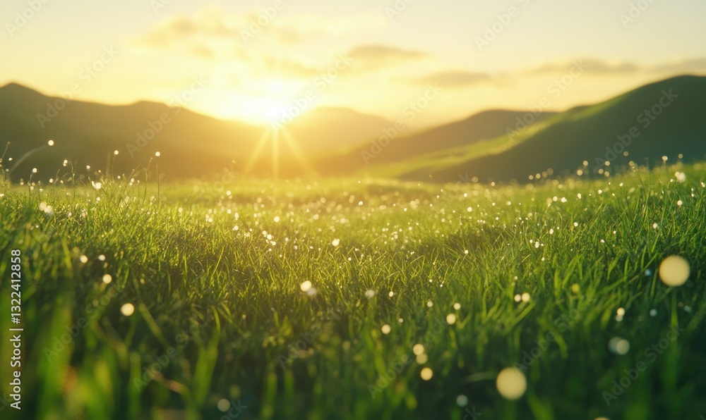 Poster serene view of a grassy field illuminated by golden sunlight with rolling green hills in the backgro