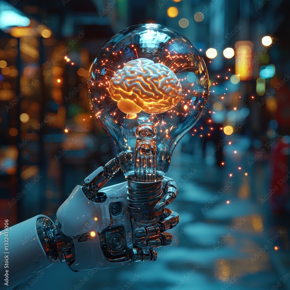Poster robotic innovation: artificial intelligence brain inside an illuminated bulb