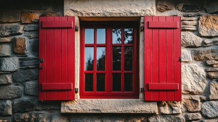 Stone building with bright red window shutters, detailed texture and design