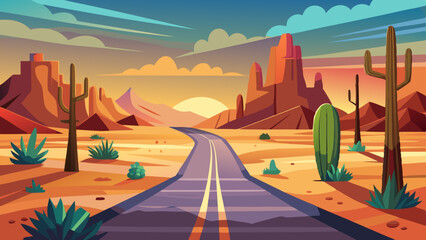 Minimalist Desert Landscape with Narrow Road and Cacti in Flat Vector Style  © williamnoah