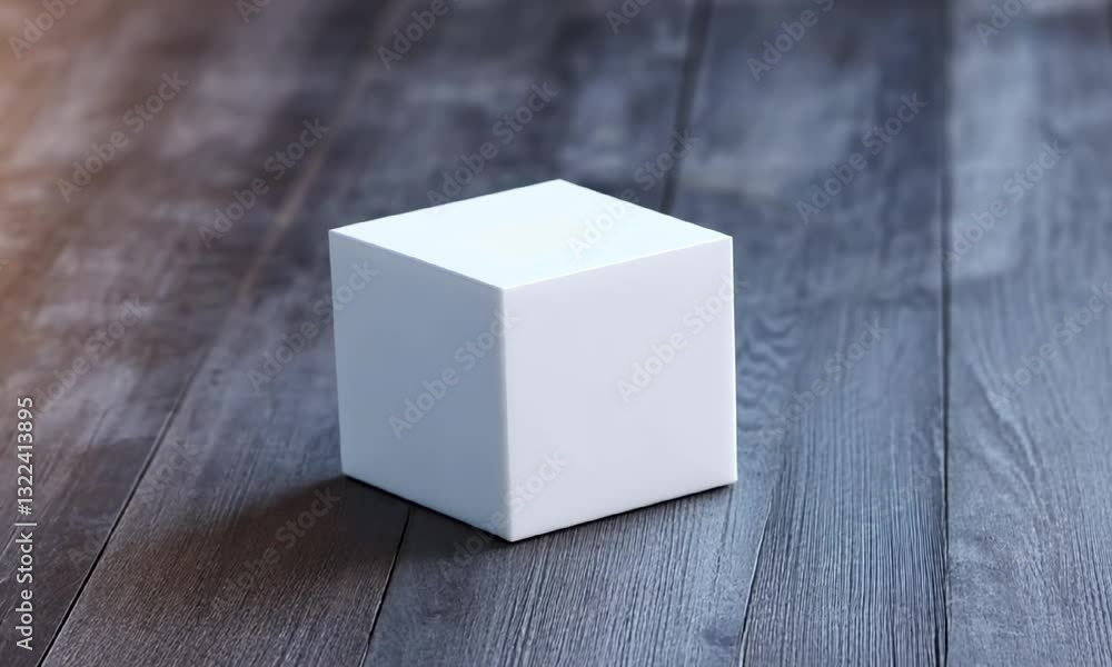 Poster a close-up view of a white cube placed on a dark wooden surface, emphasizing minimalism and design. 