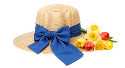 Sombrero de paja con cinta azul y flores, concepto de moda y estilo primaveral