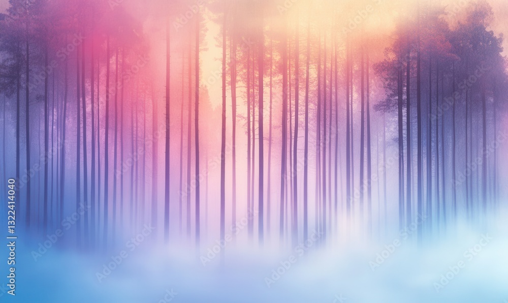 Poster mystical foggy forest with tall pine trees disappearing into the mist, soft diffused light creating 
