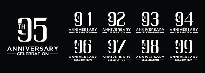 collection of 91 to 99 year anniversary logo designs with creative numbers in white on black background