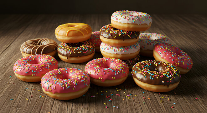 Coloridos donuts con chispas de chocolate, concepto de dulces y postres
