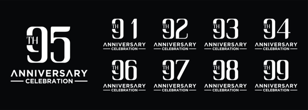 collection of 91 to 99 year anniversary logo designs with creative numbers in white on black background
