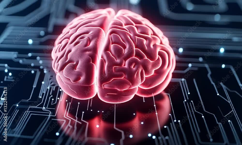 Poster this image showcases a digitally rendered brain resting on a motherboard circuit, symbolizing the in