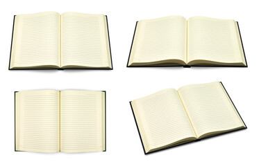 Set of open blank lined notebooks isolated on a transparent background. PNG.