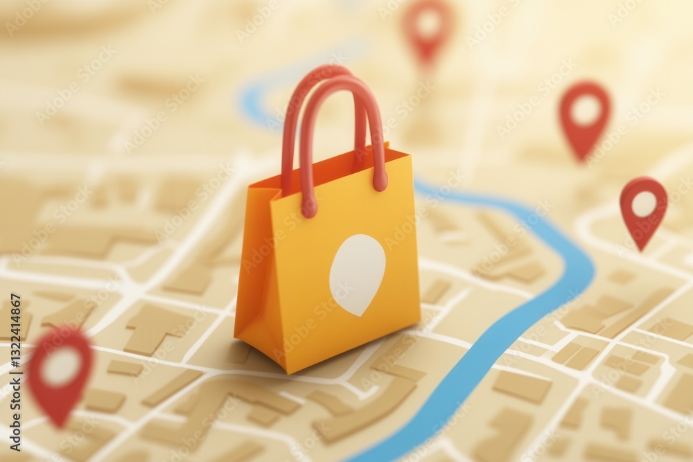 Aufkleber Elegant delivery route map design featuring grocery bag icon and location pins for efficient shopping