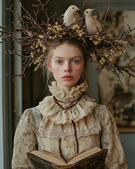 Portrait of a Woman Wearing a Vintage Victorian Dress with an Artistic Nature-Inspired Headpiece with two pigeon – Historical Fashion, Fairytale Aesthetic, and Renaissance Influence