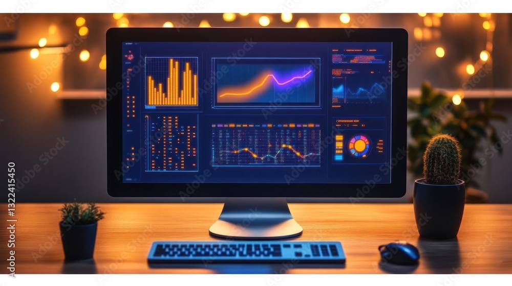 Poster data analytics dashboard on a computer screen at night.