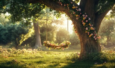 Rustic garden swing adorned with floral garlands, suspended from an ancient oak tree in a sunlit meadow.