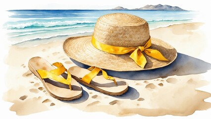 Straw hat and sandals on beach a lot of copy space watercolor
