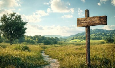 Rustic wooden signpost placed in a scenic countryside landscape, surrounded by green meadows and blue skies.
