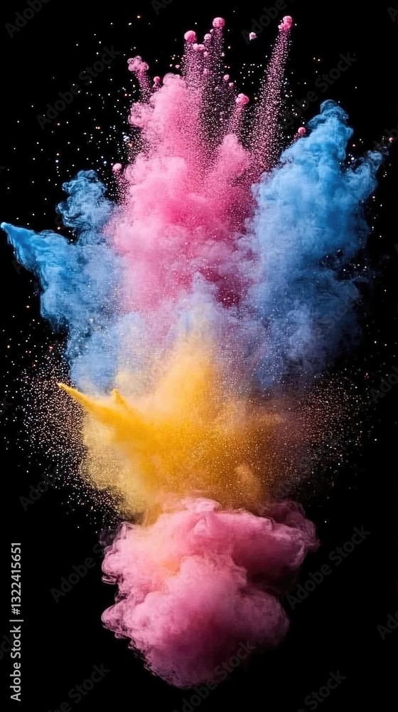 Poster vibrant explosion of colored powders against a black background, creating a dynamic visual effect