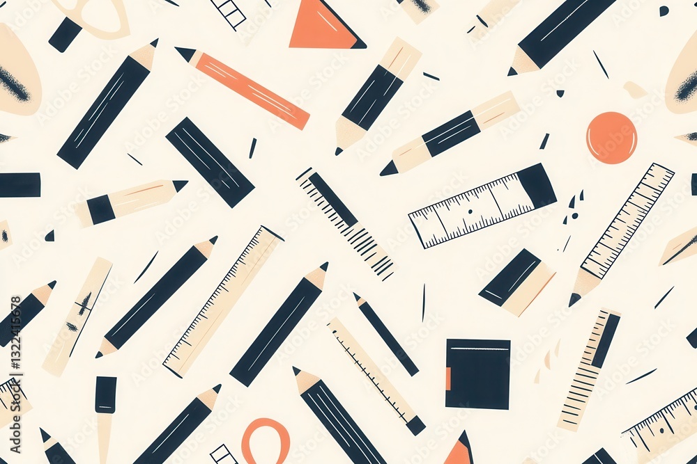 Poster Seamless pattern design featuring icons of pencils, rulers, and color palettes in a soft monochrome palette for professional use