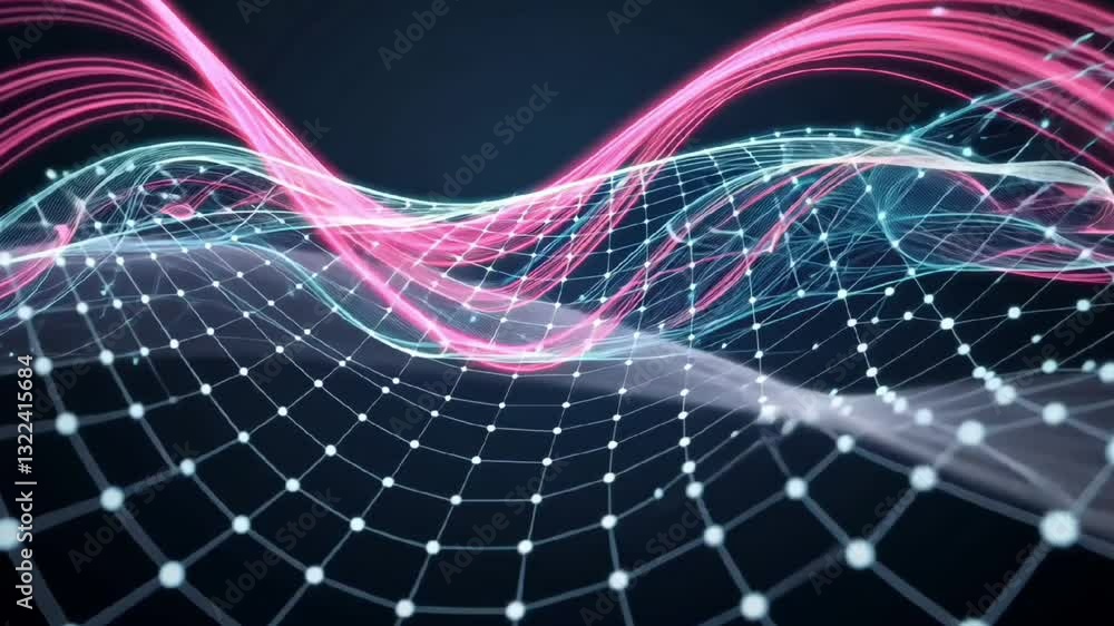 Poster abstract futuristic digital wave with glowing pink and blue mesh network pattern in a high-tech back