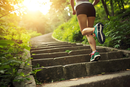 Close-Up of Runner's Legs in Blue Sneakers Climbing Outdoor Stone Stairs in Lush Green Forest During Golden Hour Sunset