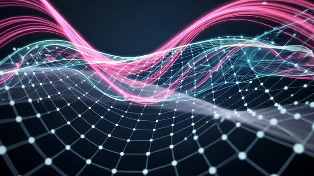 abstract futuristic digital wave with glowing pink and blue mesh network pattern in a high-tech background