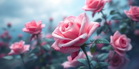 Fototapeta premium Digital artwork portraying a dynamic rose garden in cool colors. A pink rose, with motion-blurred petals and sparkling dew, is the focal point. Blues, greens, and purples create a cool palette. 