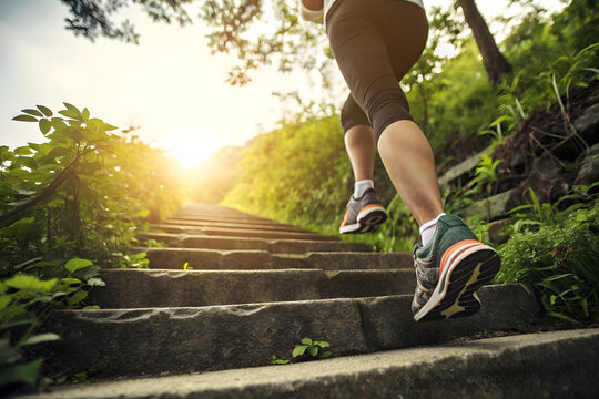 Close-Up of Runner's Legs in Blue Sneakers Climbing Outdoor Stone Stairs in Lush Green Forest During Golden Hour Sunset