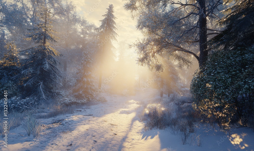 Poster scenic view of a snow-covered forest, soft sunlight filtering through the trees creating a serene wi