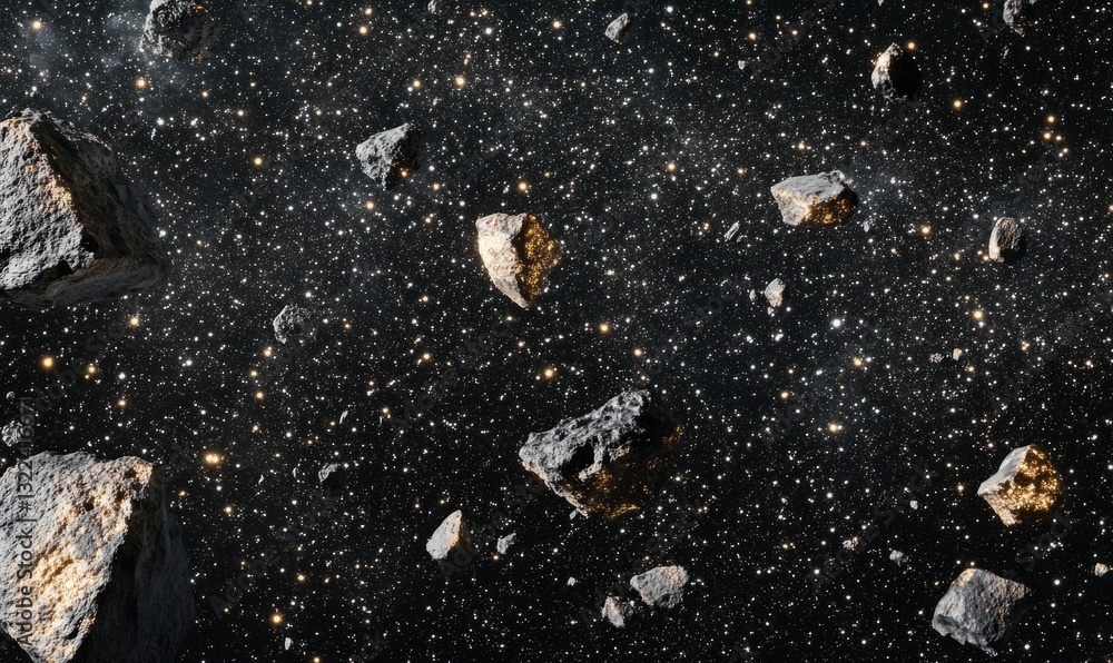Poster a wide field of meteorite fragments floating together in space