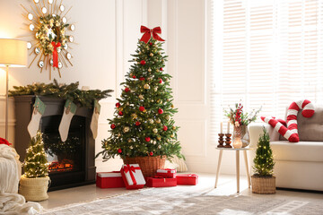 Cozy spacious room decorated for Christmas. Festive interior design