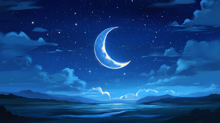 Obraz premium Crescent moon gentle breeze moonlit evening peaceful night calm surroundings soft whispers starlit sky moonbeam illustration. Moonbeam Whispers. Illustration